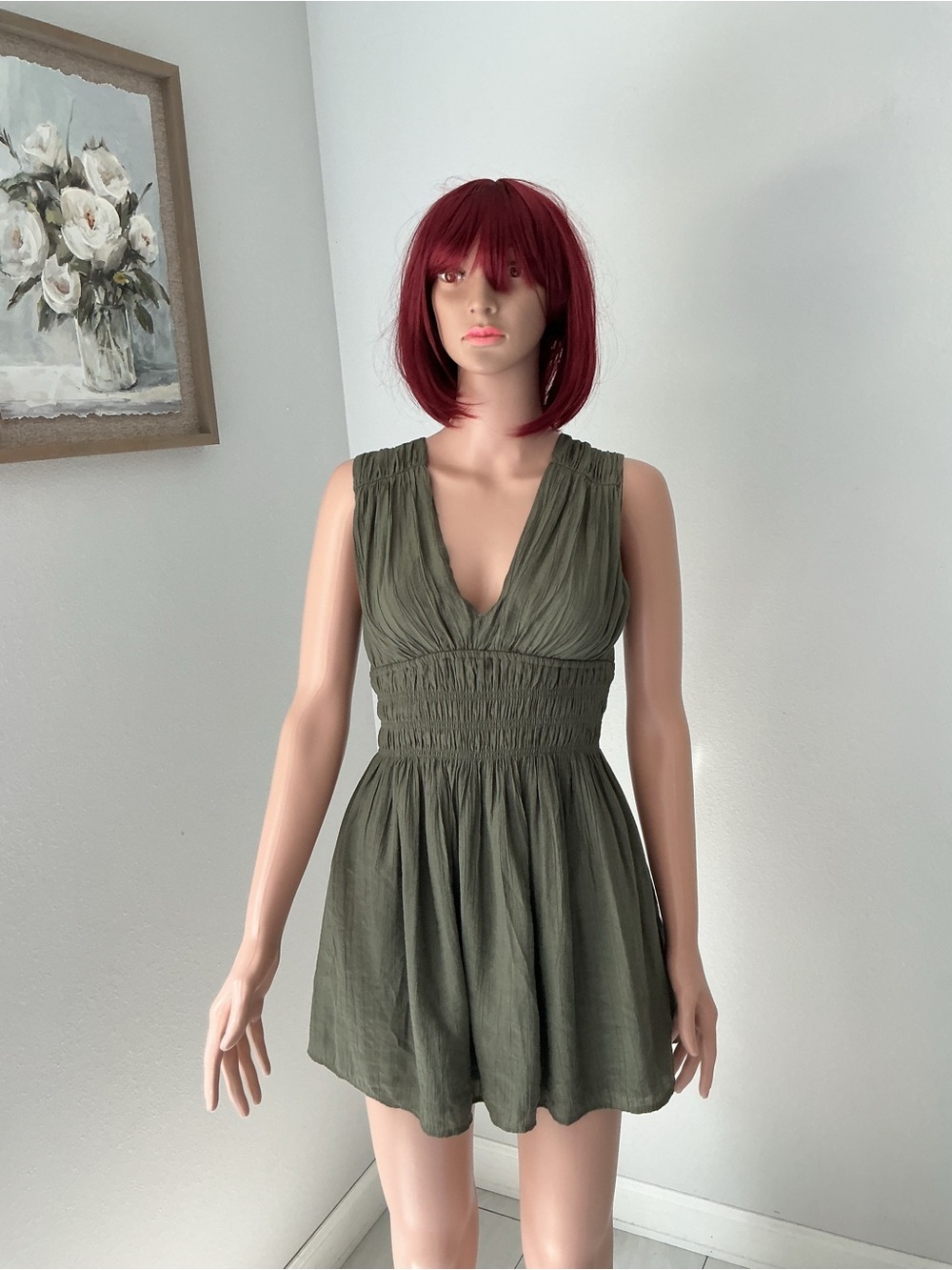 Abercrombie & Fitch Olive Green Sleeveless V-Neck Smocked Waist Dress